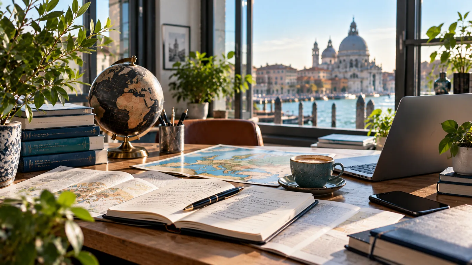 Scrivania di un traduttore con vista su Venezia